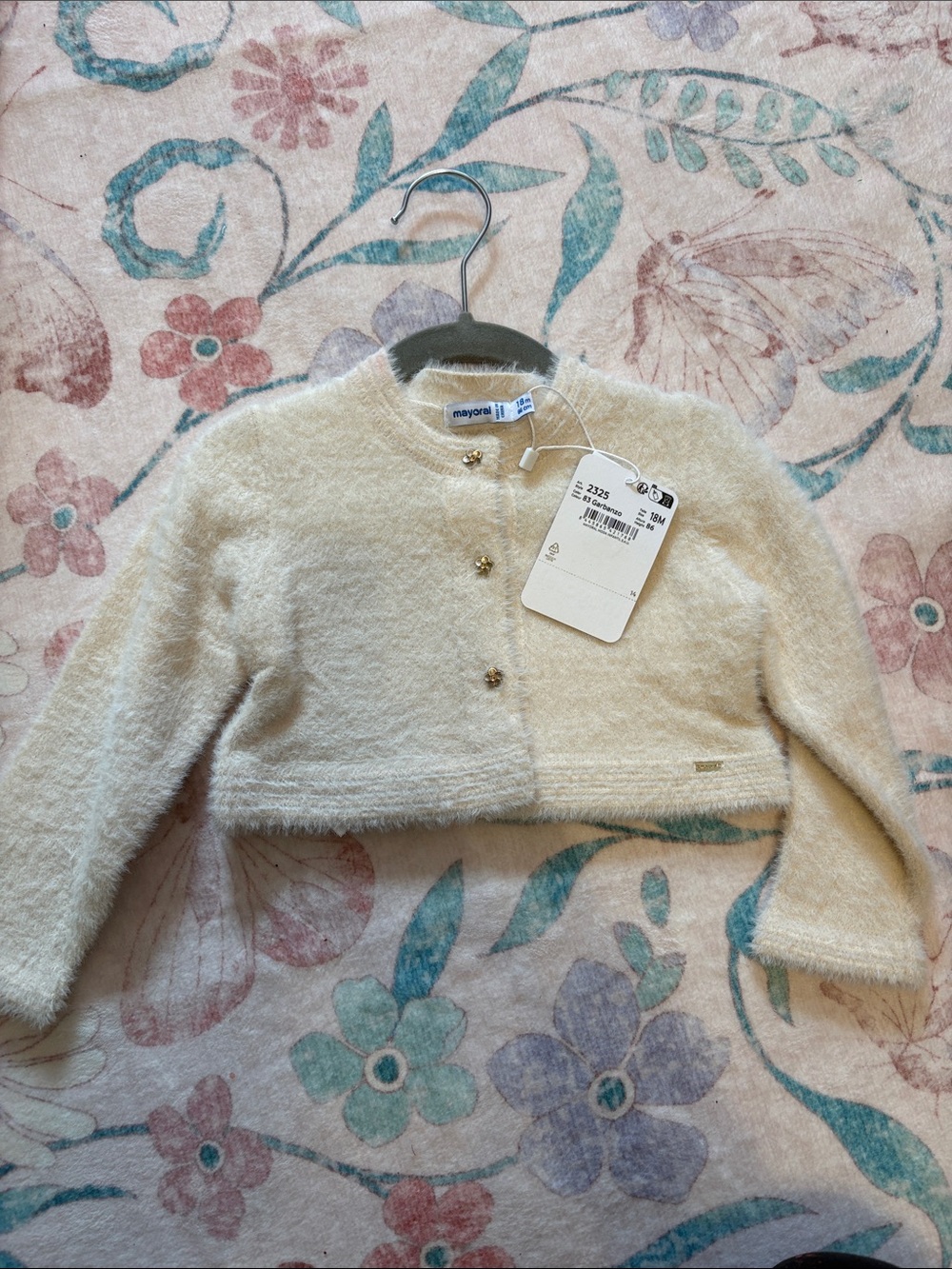 Mayoral Cream Fuzzy Cropped Cardigan with Gold Buttons